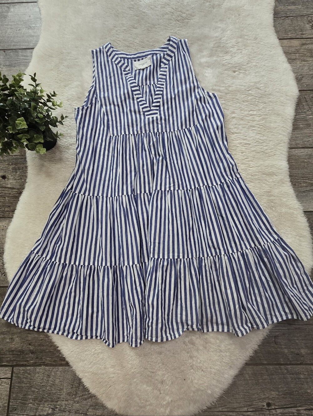 Pomander Place Tuckernuck Blue & White Striped Cotton Tiered Nautical Dress, XL